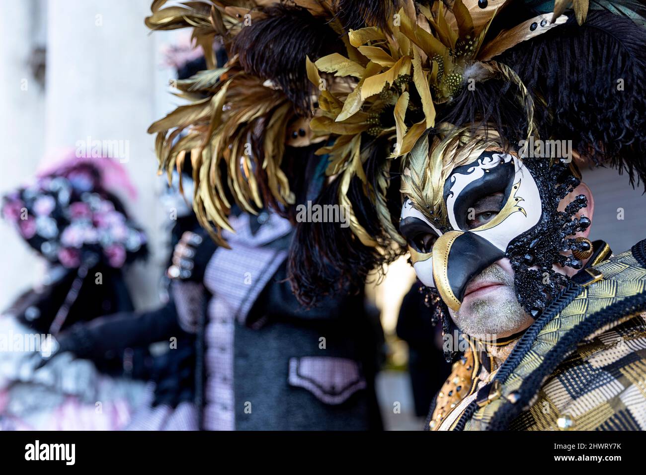 Man in a interesting traditional venetian costume and mask posing at the Venice carneval. St. Mark's Square, Venice Stock Photo