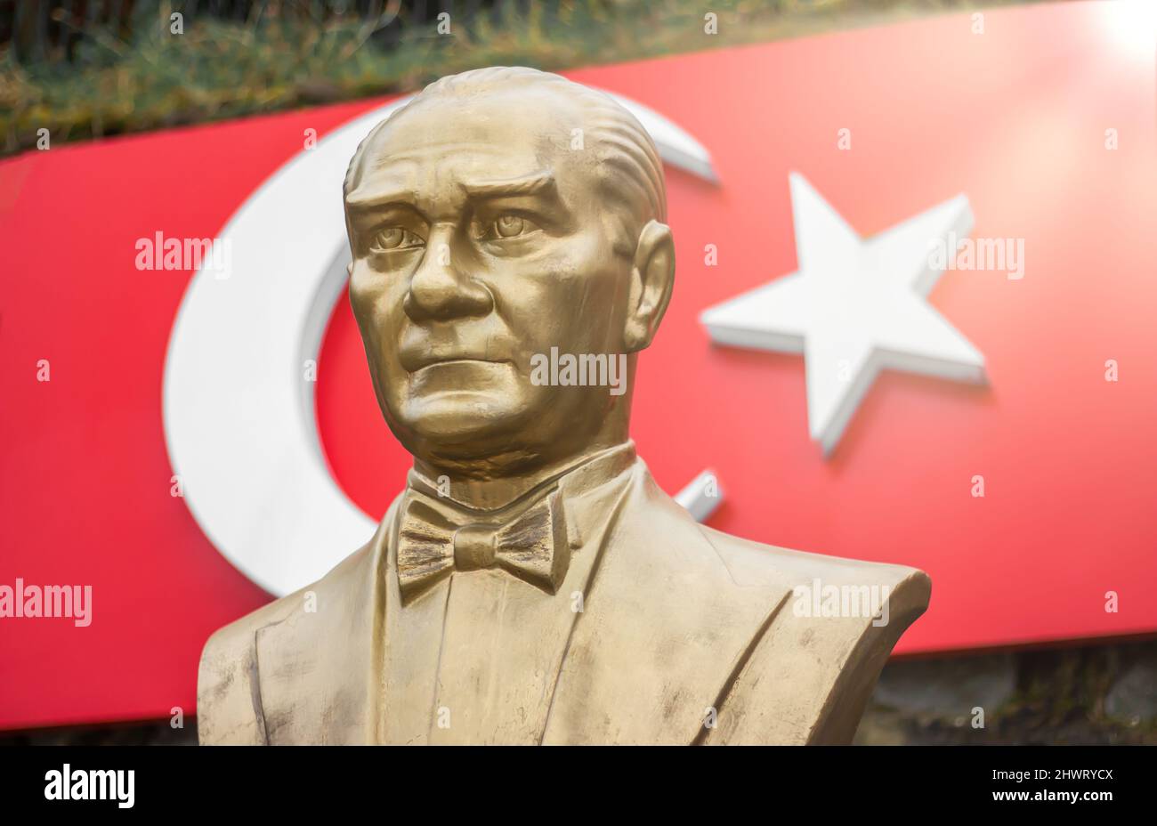 Ataturk Bust with Turkish flag on background,  Statue of Ataturk, The first president and founder of Republic Turkey Stock Photo