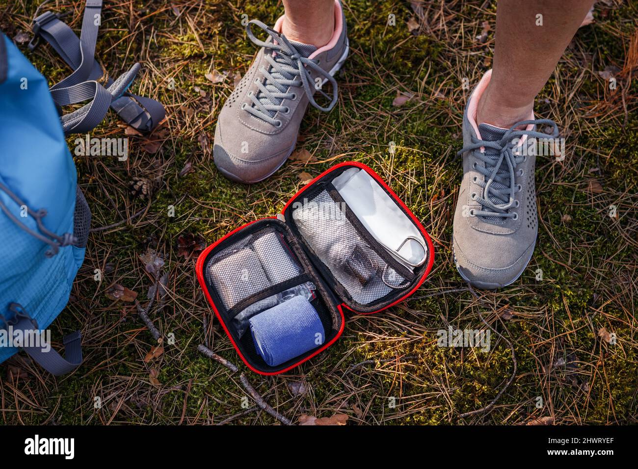 First aid kit. Be prepare for health problems and accident during hiking in wilderness Stock Photo