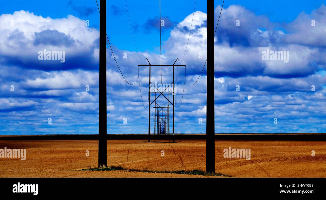 Powerlines in field with blue sky and clouds representing utility Stock ...