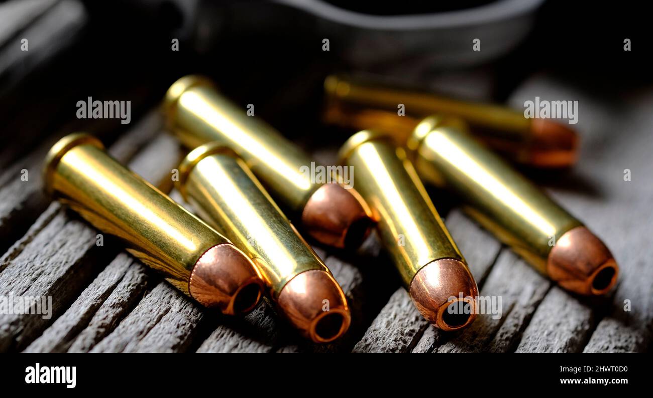 Handgun cylinder for bullets revolver ammunition pistol loaded Stock