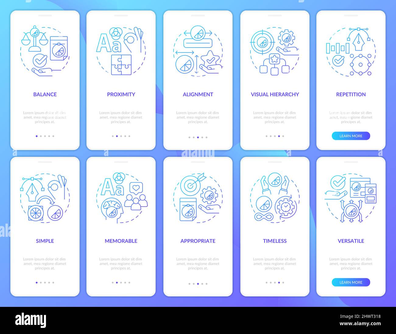 Design principles blue gradient onboarding mobile app screen set Stock Vector
