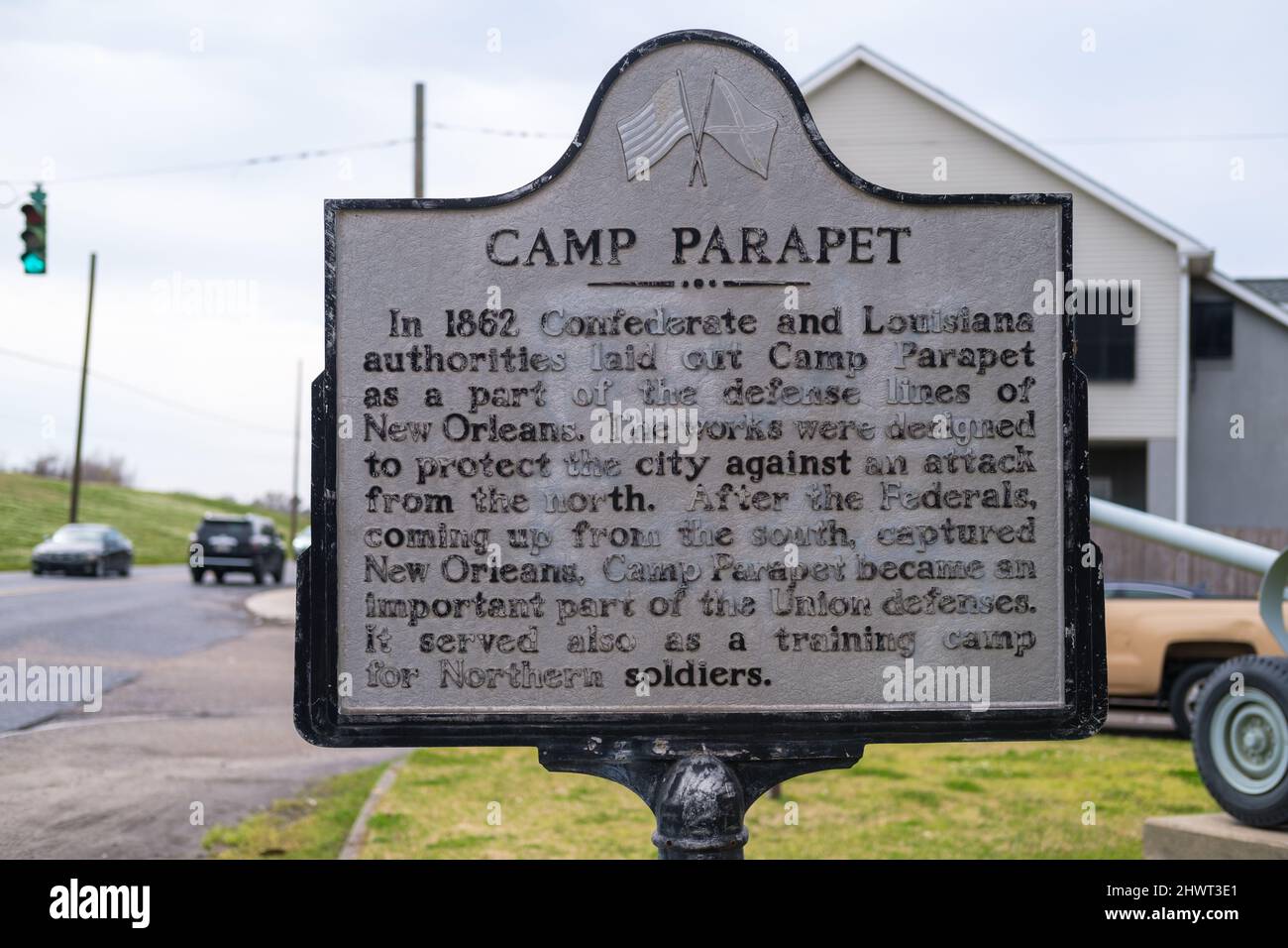 JEFFERSON, LA, USA - MARCH 3, 2022: Historic marker for Camp Parapet American Civil War site on the River Road Stock Photo