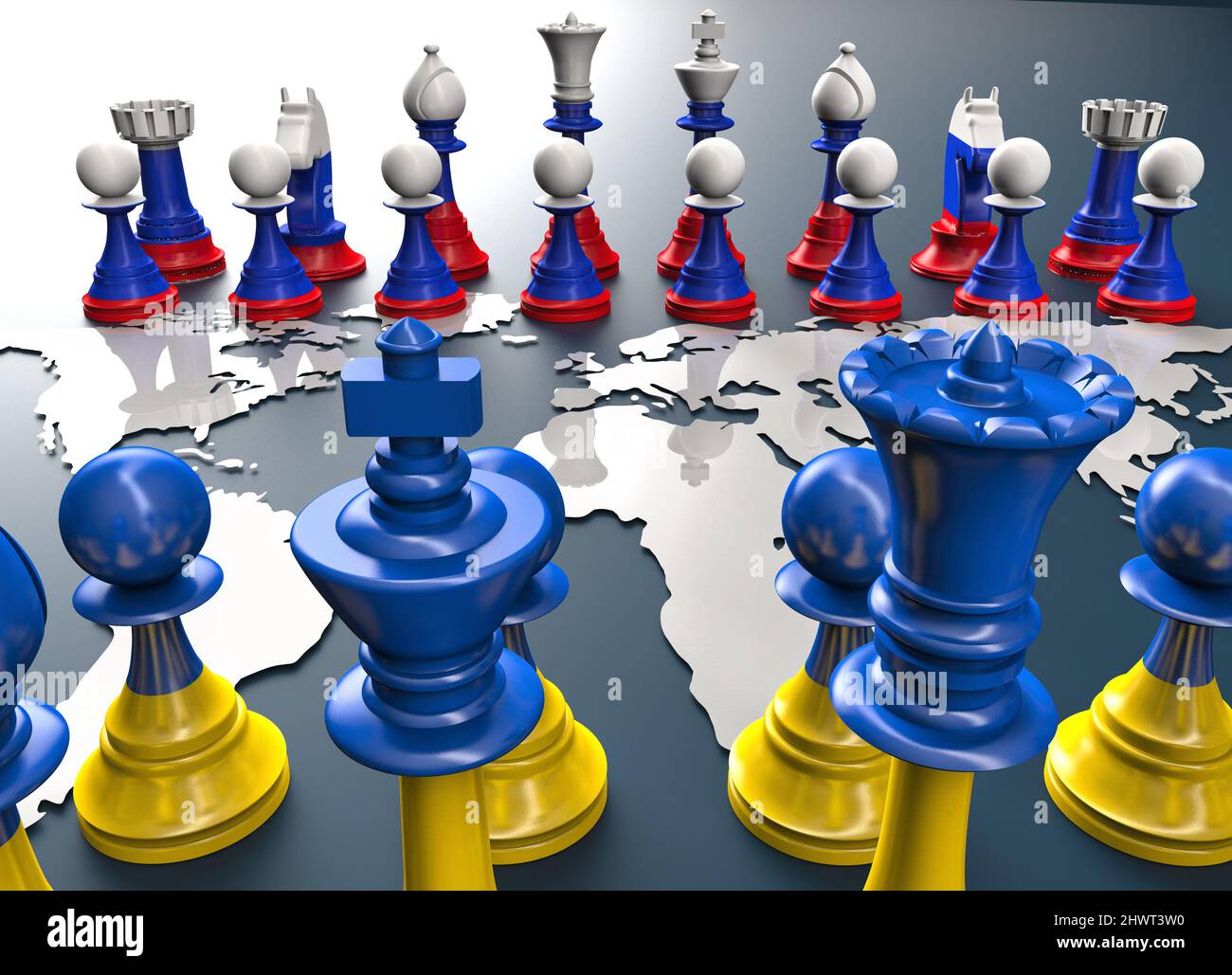 symbol of war and geopolitics in the world with chess pieces. Ukraine vs Russia. Stock Photo