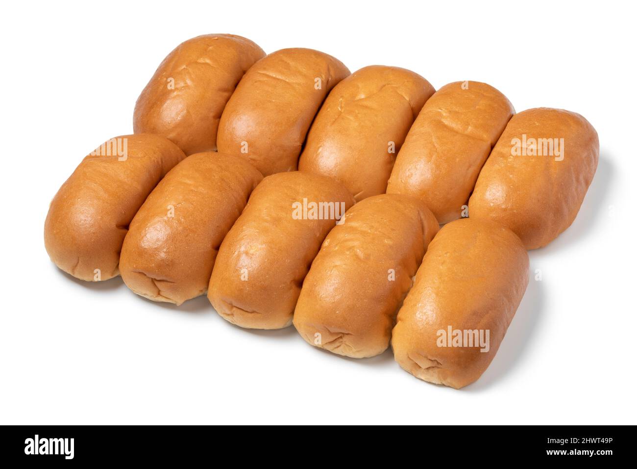 Rows of traditional Dutch white soft buns isolated on white background Stock Photo