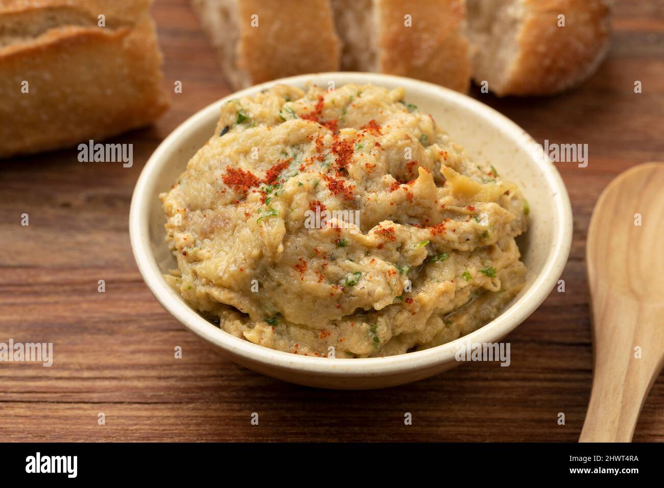 Bowl with fresh made baba ganoush close up as appetizer Stock Photo