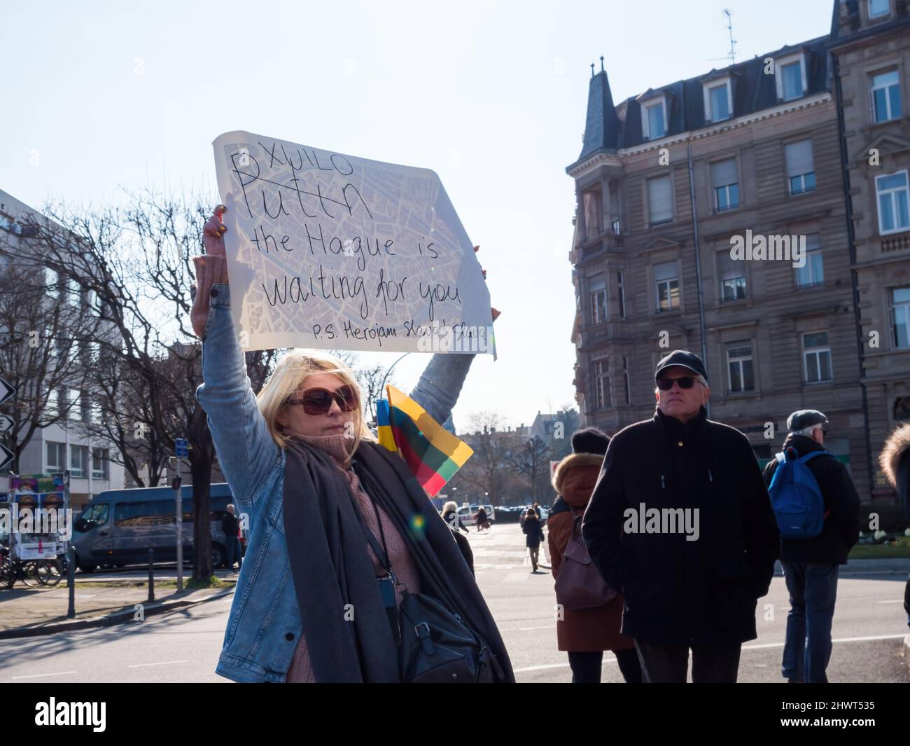 Strasbourg France Mar 6 2022 Woman Holding Placard Putin The Hague