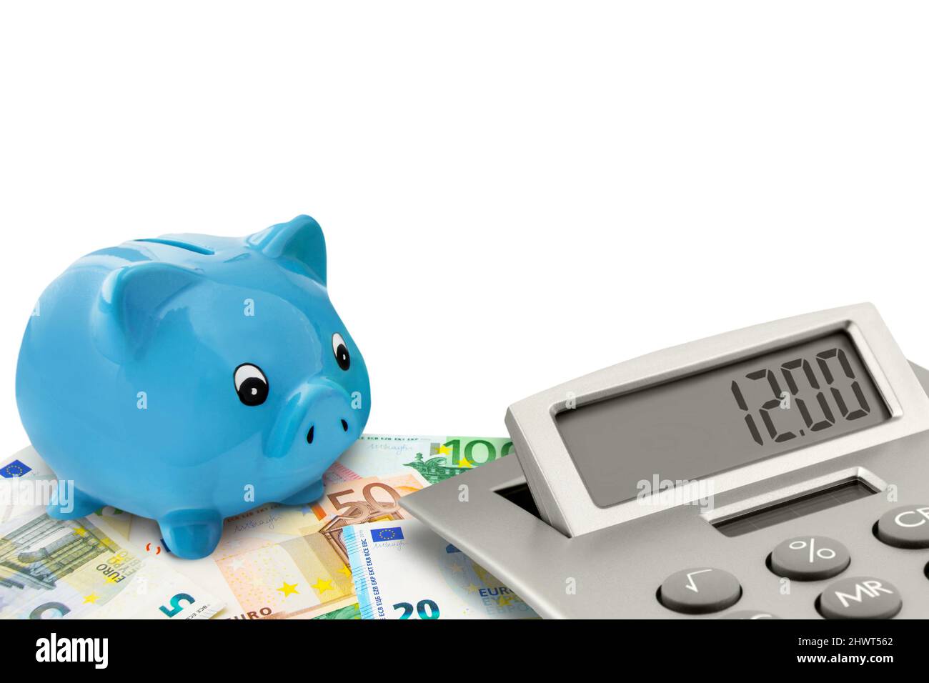 German Minimum Wage 12,00 Euro and calculator with piggy bank isolated against white background Stock Photo