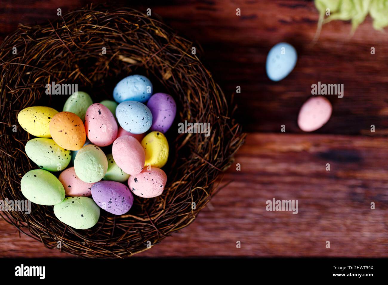 Easter background with yellow chicks and eggs. Easter holidays Stock Photo