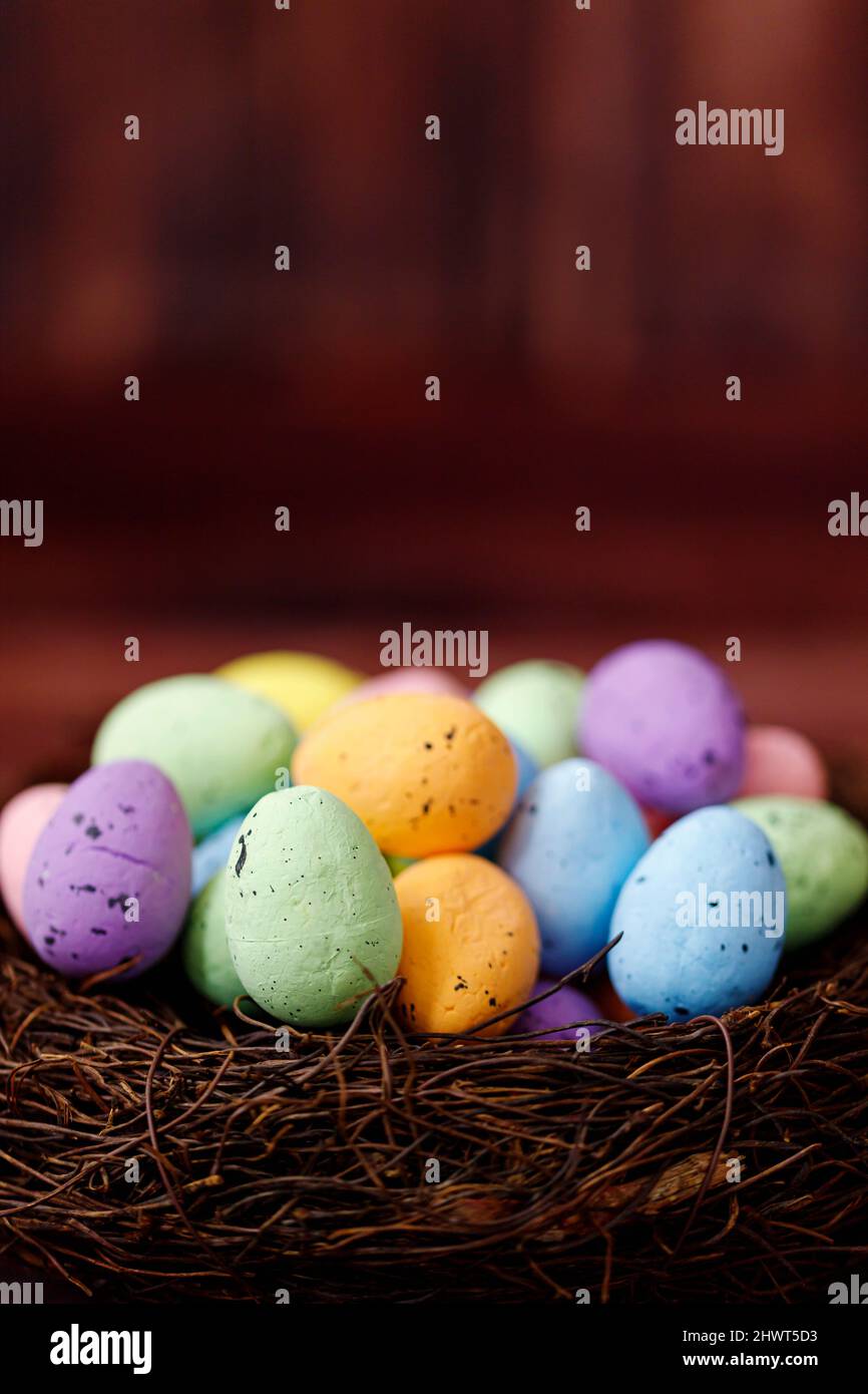 Easter background with yellow chicks and eggs. Easter holidays Stock Photo