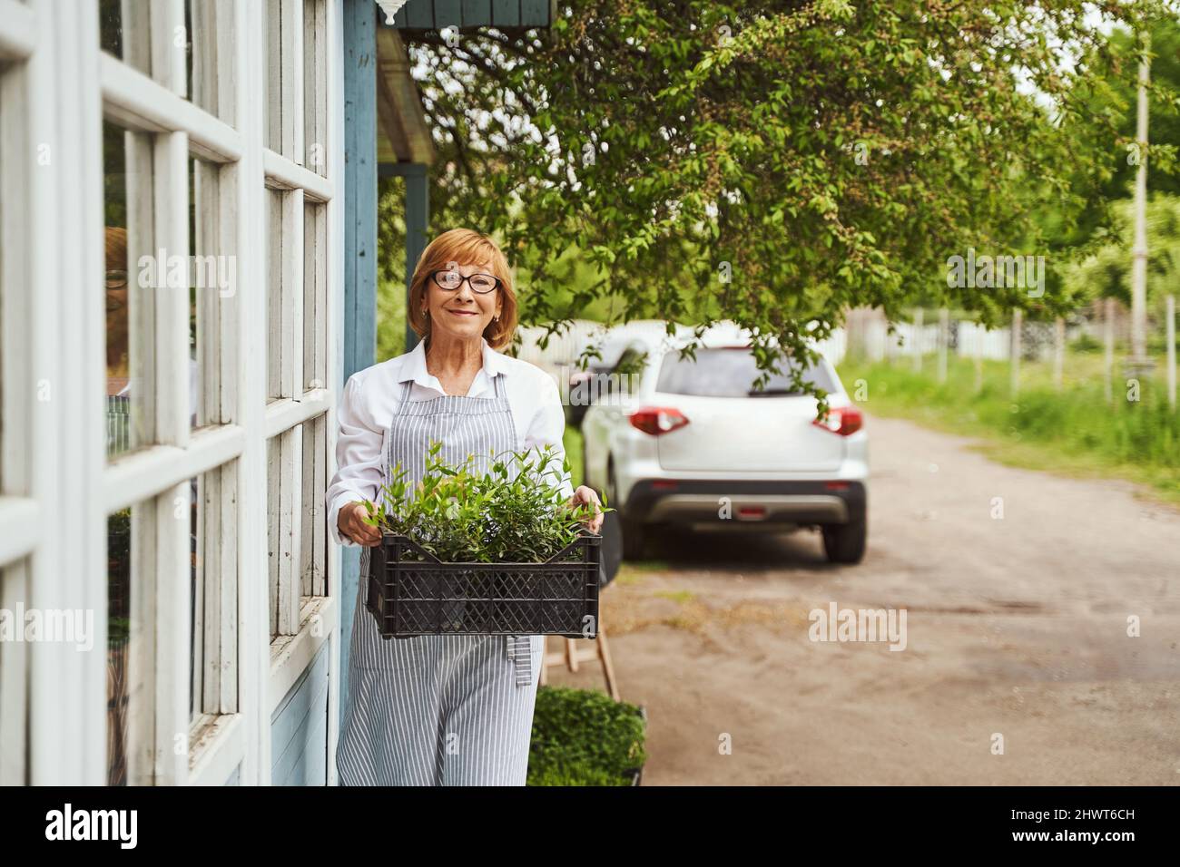 Happy aged female working with seedling outdoors Stock Photo