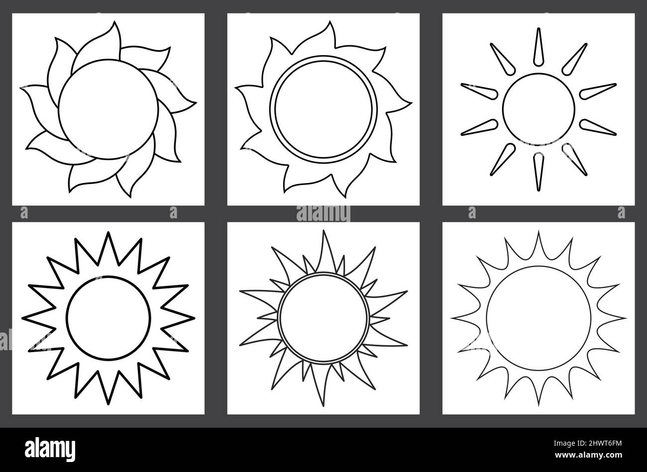 Sun outline set. Line art icons of different sun shape. Vector illustration isolated on white Stock Vector