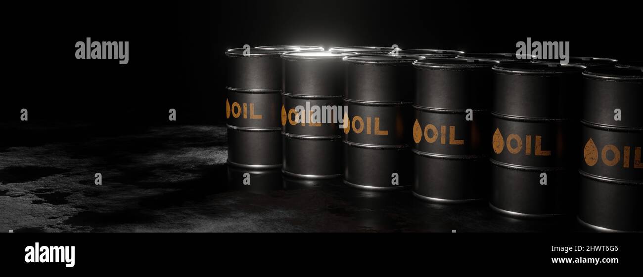Black Metal Oil Barrels Concept of Expensive Oil 3D Illustration Stock Photo