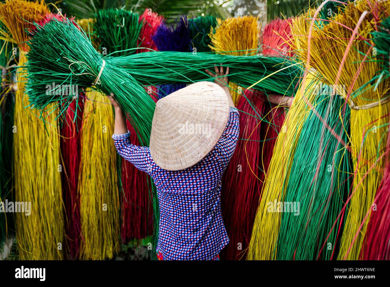 Vietnamese women drying traditional vietnam mats in the old traditional village at dinh yen, dong thap, vietnam, tradition artist concept,Vietnam. Stock Photo