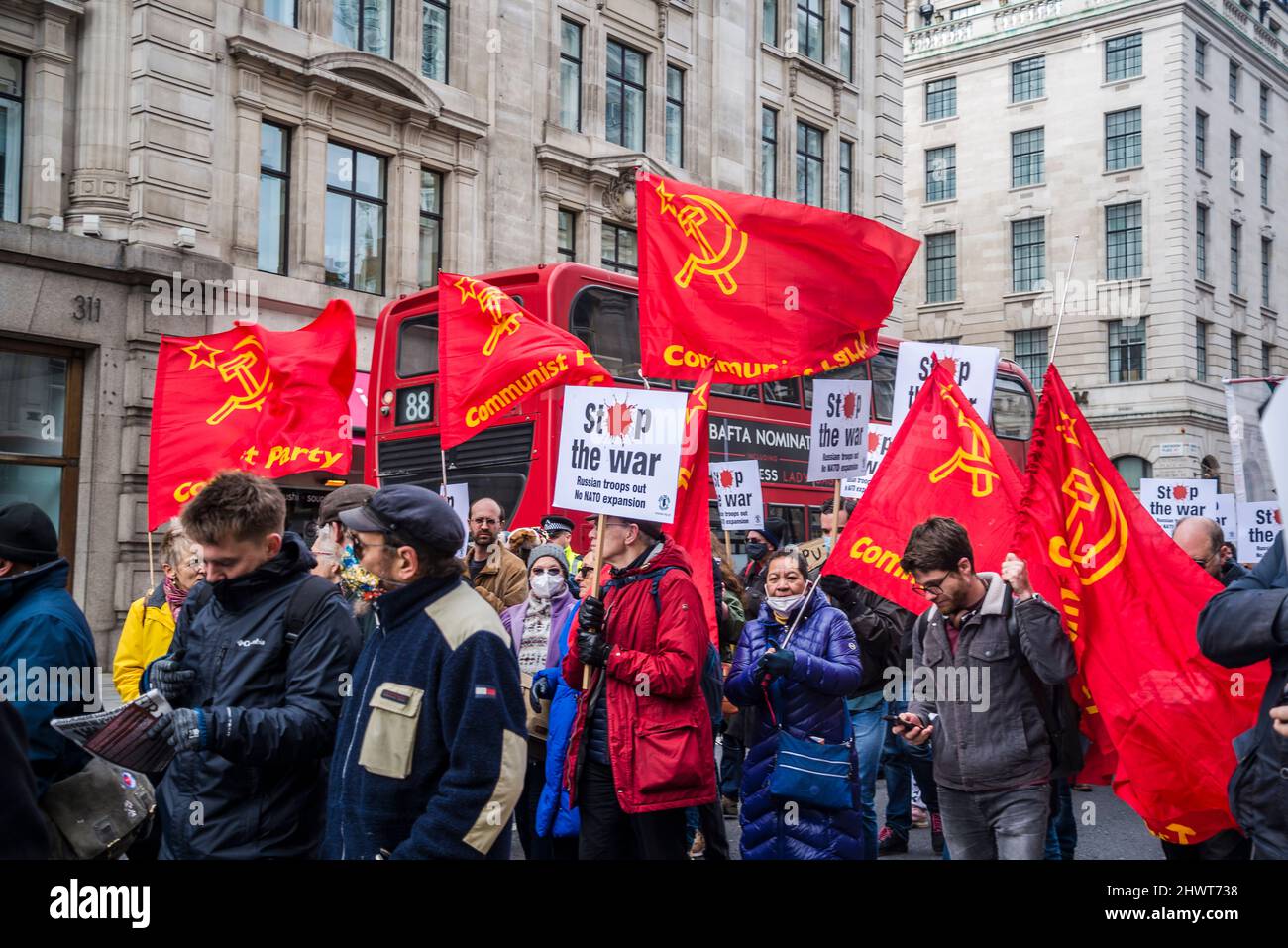 Leftwing fringe - Communist Party of Great Britain, Stop the War demonstration organised by Stop the War Coalition, London, UK, 6th March 2022 Stock Photo