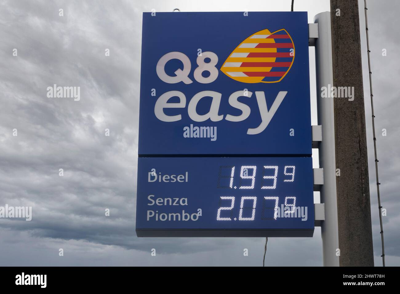 Massa, Italy - March 06, 2022 - High price of fuel in a Q8 gas station following the conflict between Russia and Ukraine Stock Photo