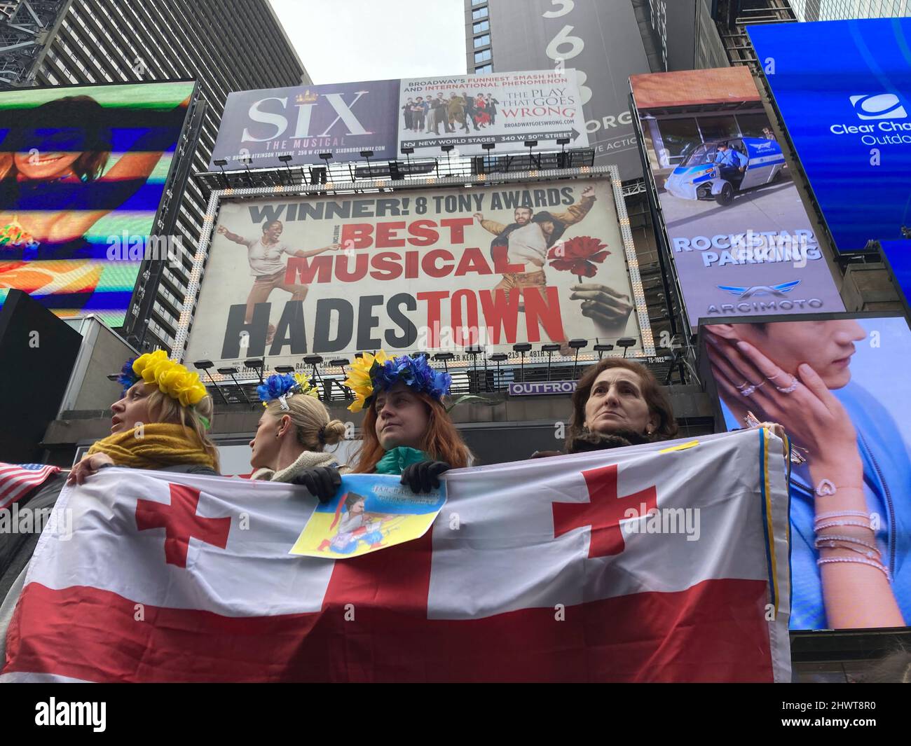 Ukrainian-Americans and their supporters protest the Russian invasion and show support for the citizens of the Ukraine, in Times Square in New York on Saturday, March 5, 2022. (© Frances M. Roberts) Stock Photo