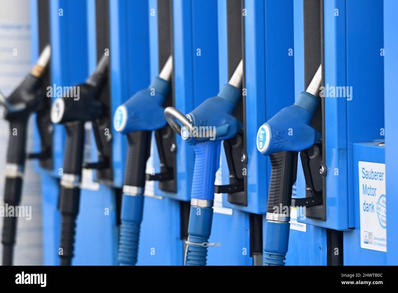 Munich, Deutschland. 07th Mar, 2022. attached fuel nozzles. Gasoline