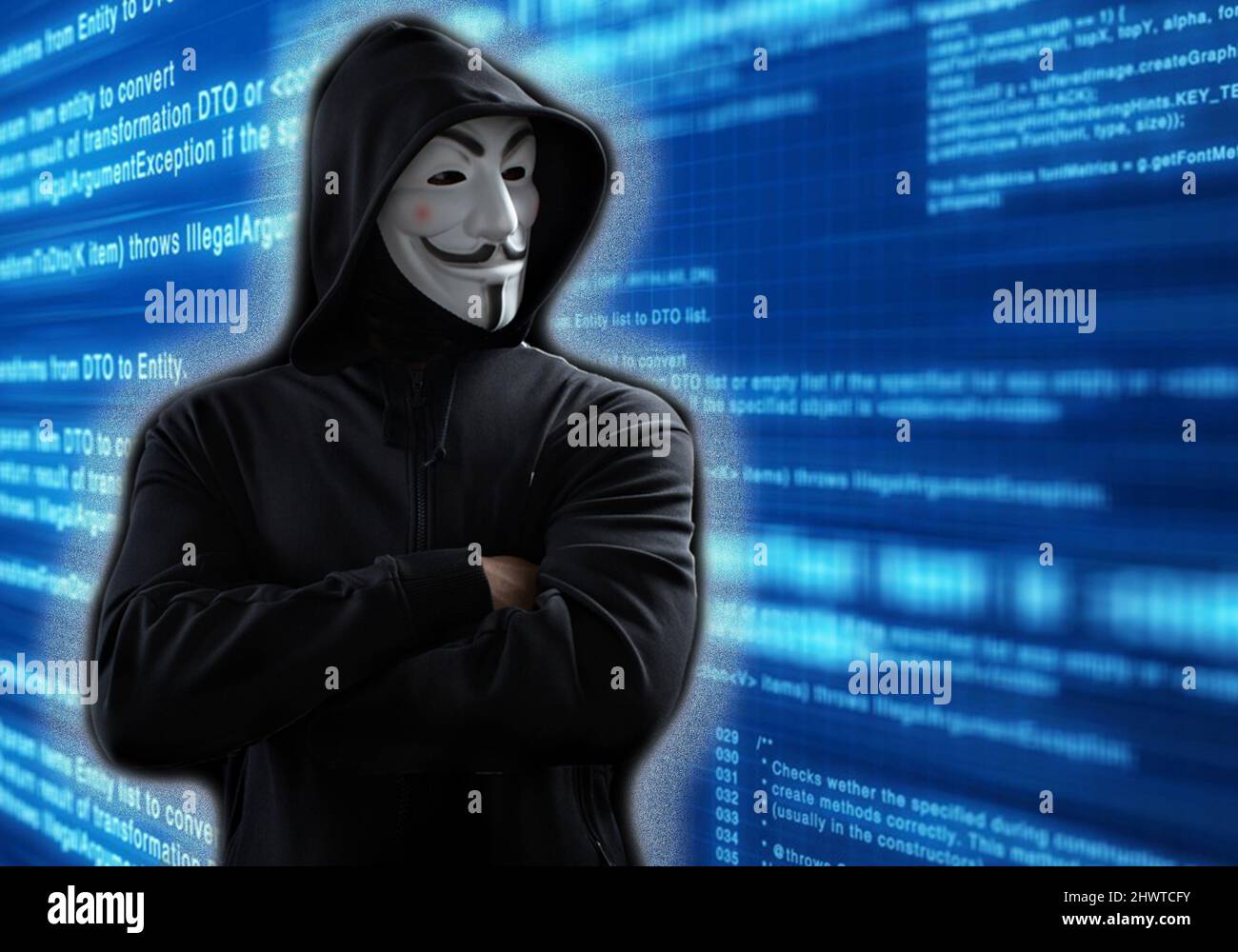 image representing anonymous, cyber attack threat, hacker attack Stock Photo
