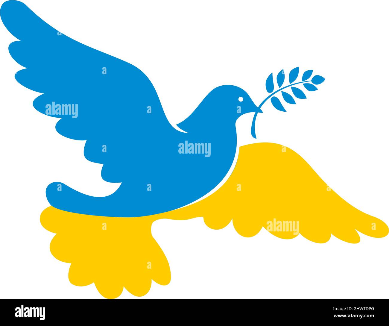 Flying dove in the colors of the national flag of Ukraine holds olive branch. Peace symbol, no war concept. Vector on transparent background Stock Vector