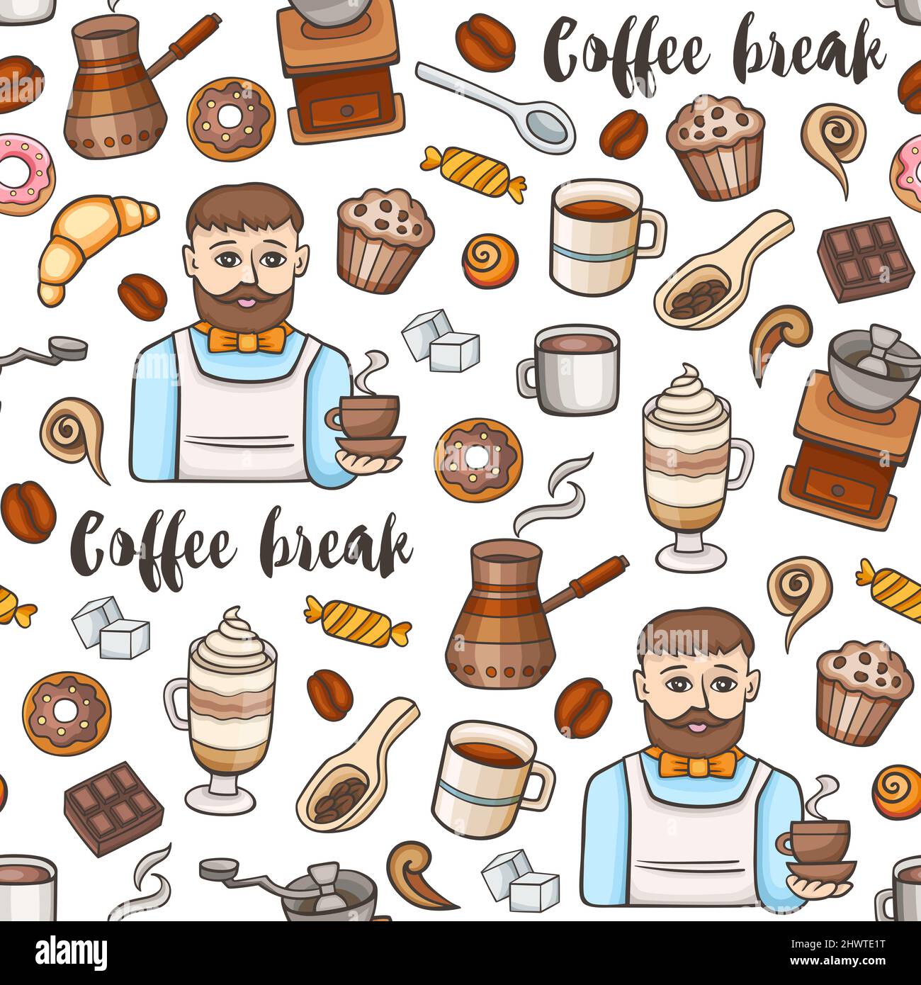 Seamless pattern with coffee and sweets on a white background Stock ...