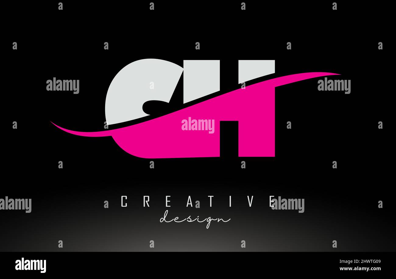 CH C H White and Pink Letter Logo with Swoosh and Curved Lines Stock ...
