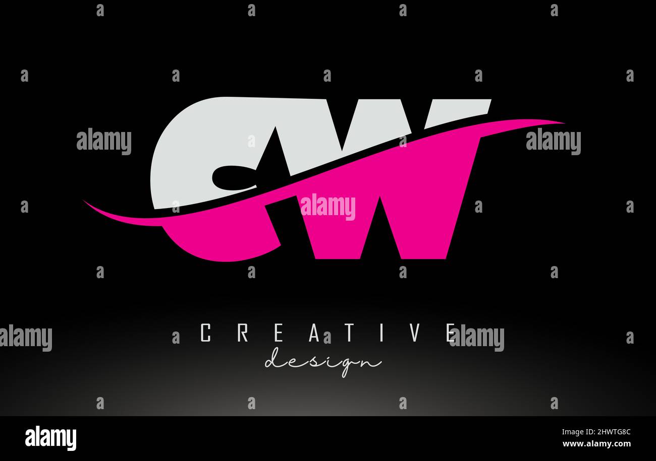 CW C W  White and Pink Letter Logo with Swoosh and Curved Lines. Stock Vector