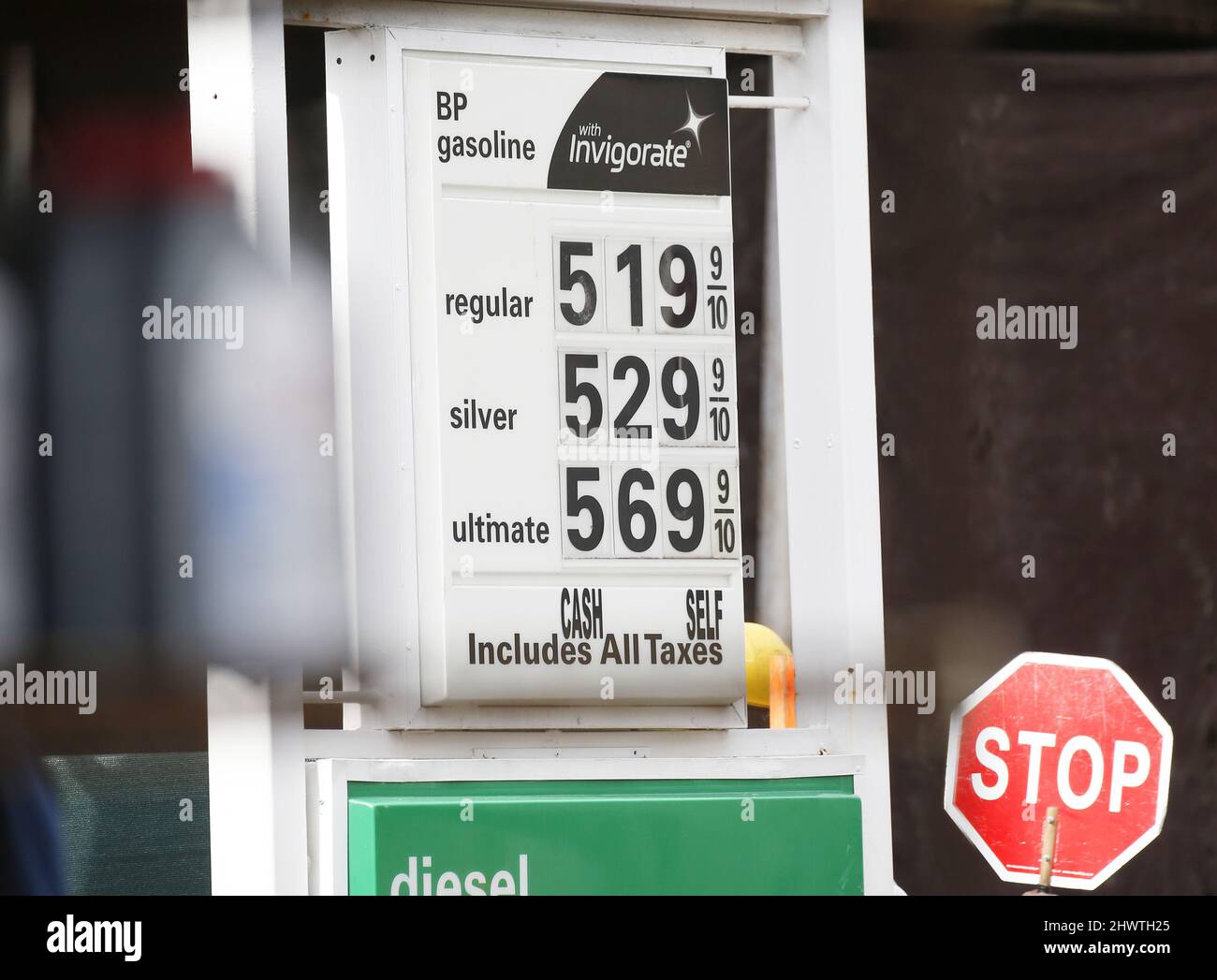 New York, United States. 07th Mar, 2022. The price for a gallon of gasoline surpasses 5 dollars a gallon at a Manhatan gas station in New York City on Monday, March 7, 2022. Since the Russia-Ukraine War the national average price of gasoline has just surpassed $4 a gallon in the U.S. for the first time since 2008. Photo by John Angelillo/UPI Credit: UPI/Alamy Live News Stock Photo