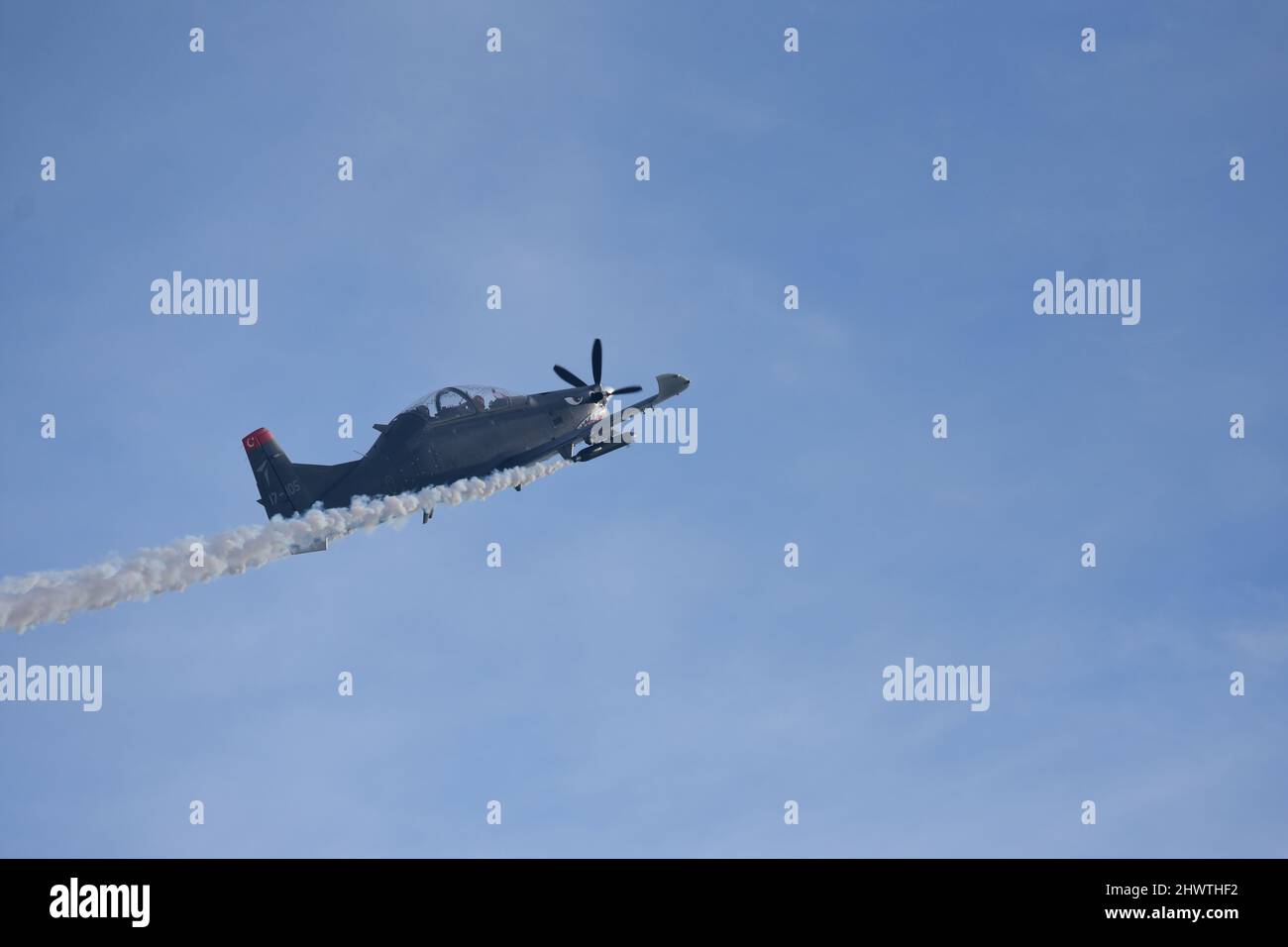 Single-engine, turboprop aircraft at airshow Stock Photo