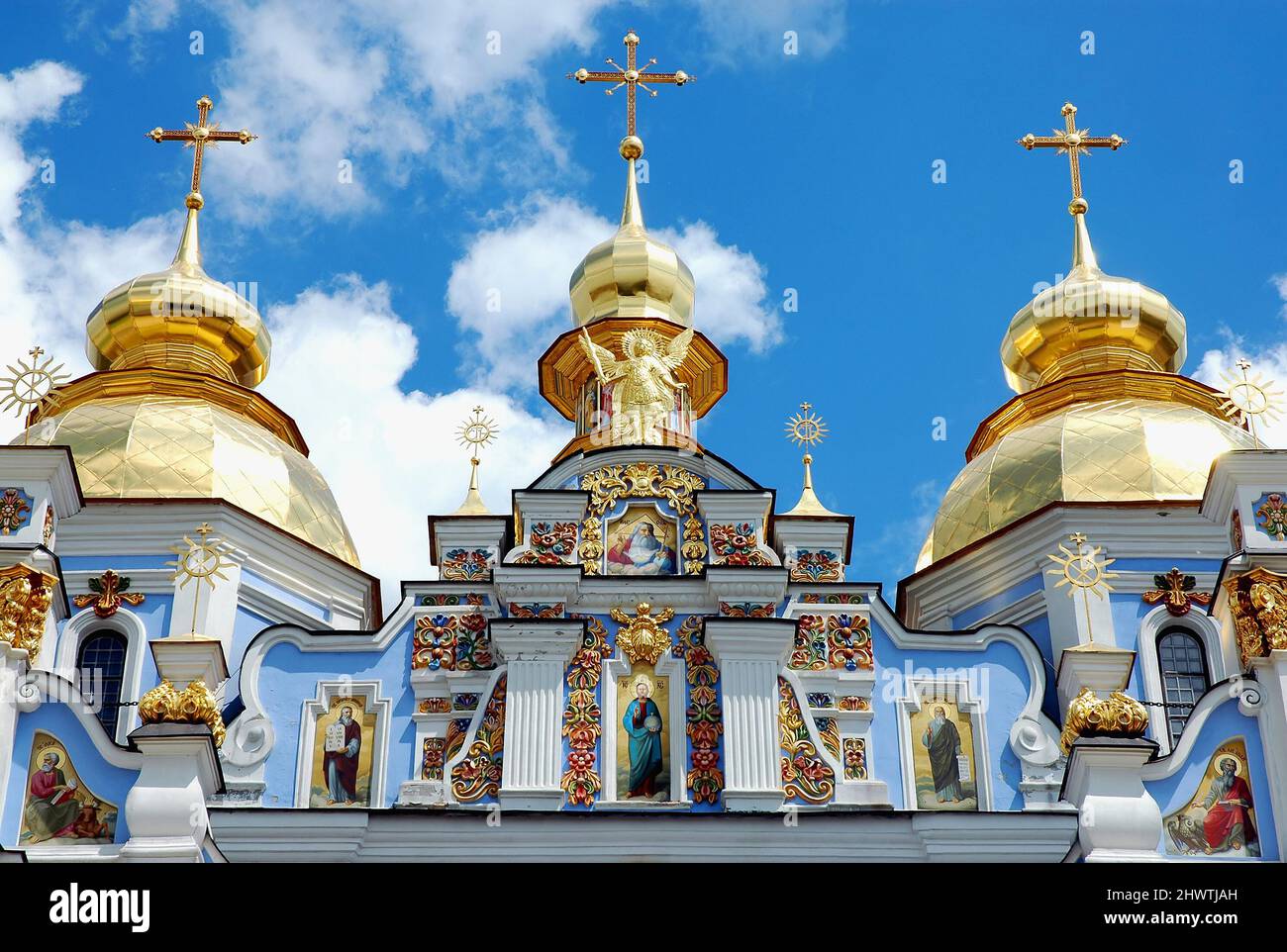 Kyiv or Kiev, Ukraine: Detail of the artwork on St Michael's Golden-Domed Cathedral within the complex of St Michael's Golden-Domed Monastery. Stock Photo