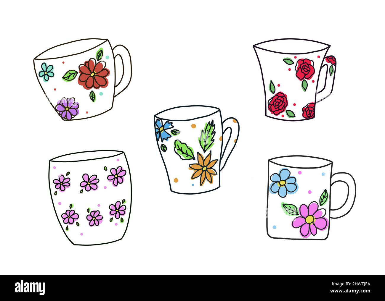Collection of cute isolated coffee cups with ornaments from drawn