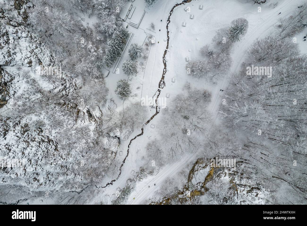 Aerial view of a frozen forest and stream of water Stock Photo - Alamy