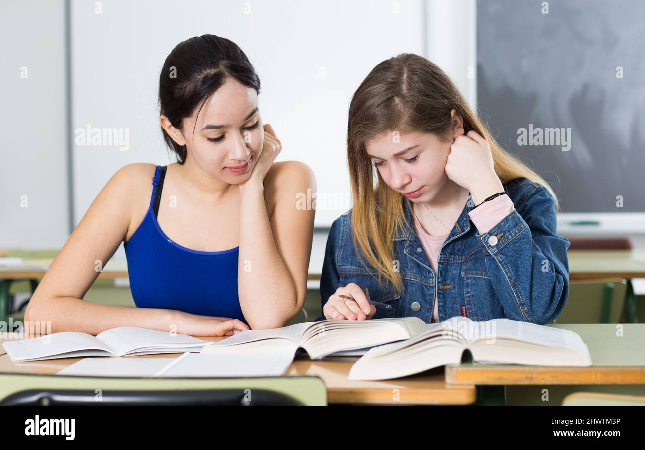 Smiling schoolgirls are learning at the desk in the class Stock Photo ...