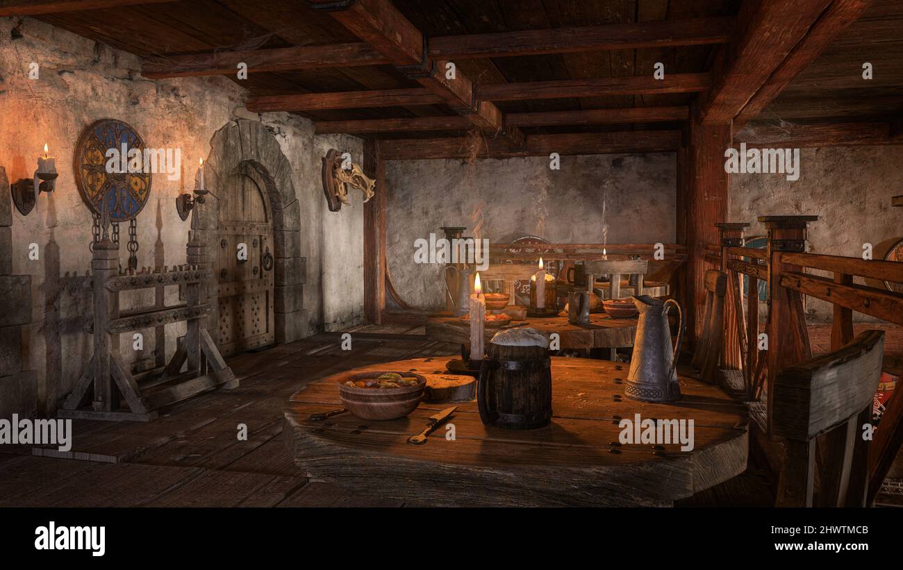 Upstairs dining room in a medieval inn with food and drink on the tables and shields decorating the walls. 3D illustration. Stock Photo