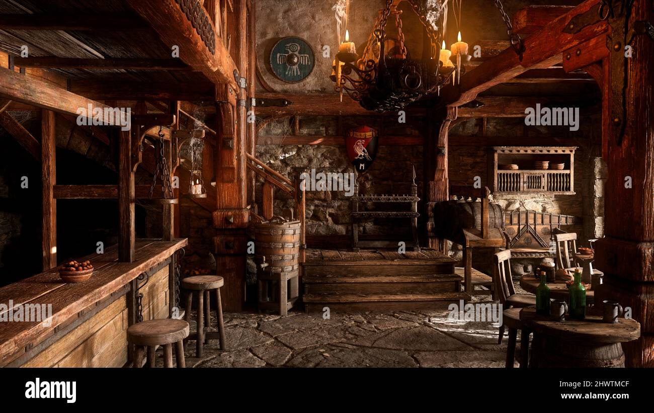 The bar of a medieval inn with stone floor, tables of food and drink and decorative shields on the wall. 3D illustration. Stock Photo