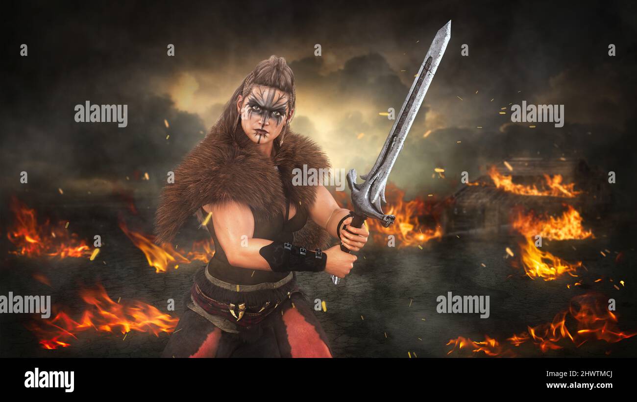Fierce Viking barbarian woman fighting with a sword on a burning battleground. 3D rendering. Stock Photo