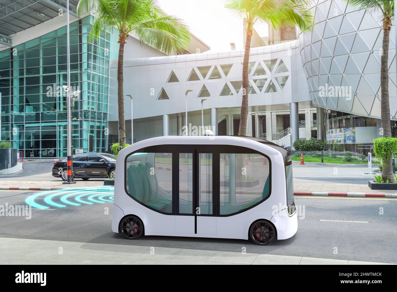 Autonomous electric shuttle bus self driving on street, Smart vehicle