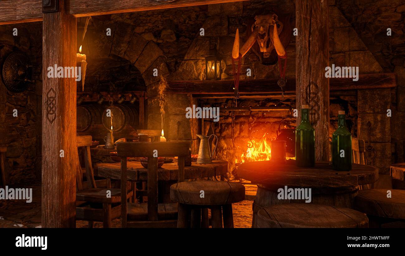 Inside a medieval tavern with round tables lit by candles and a burning open fireplace. 3D rendering. Stock Photo