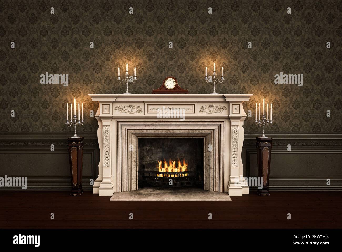 Vintage Victorian fireplace with carriage clock and candles on the  mantlepiece and fire buring in the grate. 3D rendering Stock Photo - Alamy