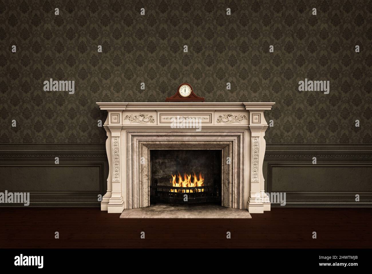 Vintage old fashioned fireplace with carriage clock on the mantelpiece