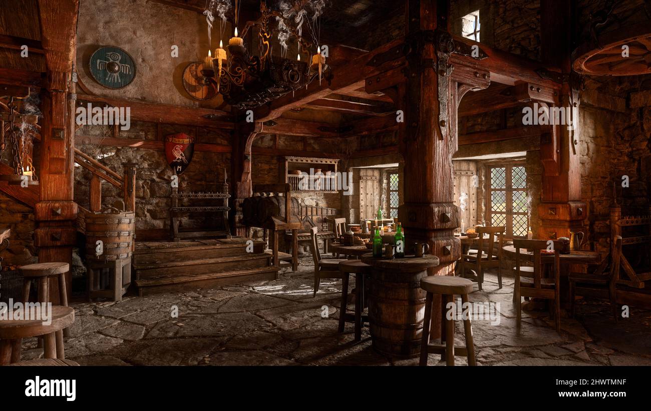Dark moody medieval fantasy tavern inn bar with candles burning and  daylight coming through windows. 3D illustration Stock Photo - Alamy
