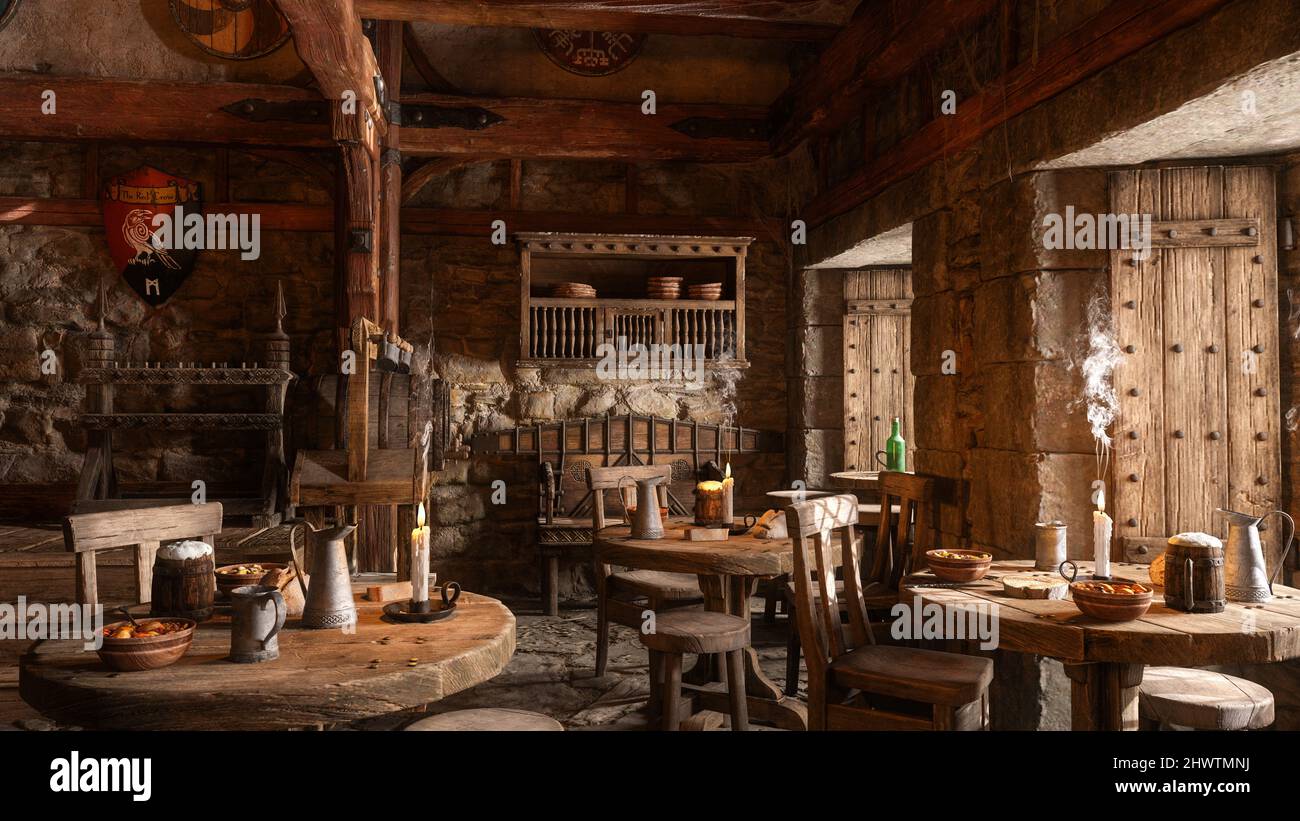 Dining tables in an old medieval fantasy tavern lit by daylight from