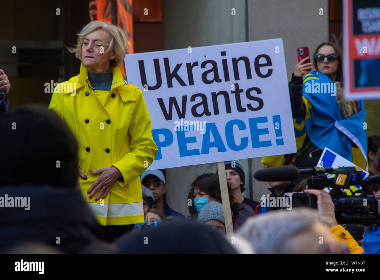 Speaker at rally against the war in Ukraine Stock Photo