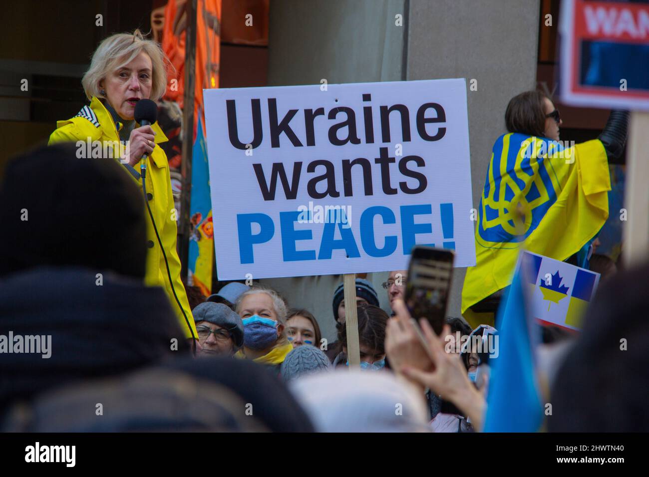 Speaker at rally against the war in Ukraine Stock Photo