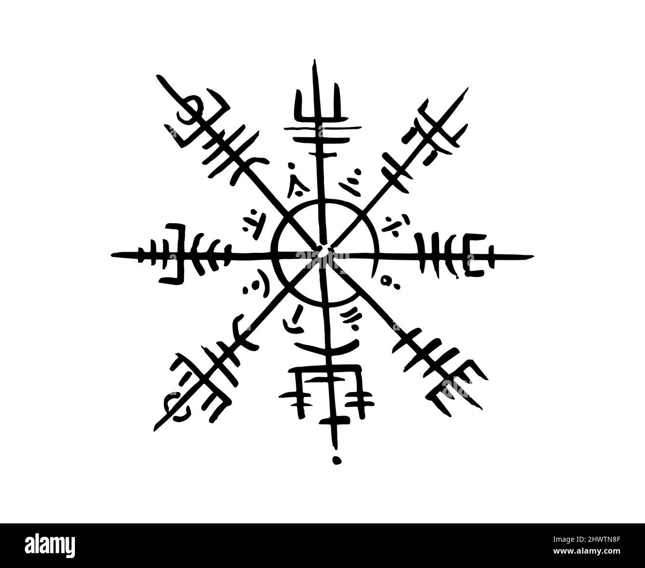 Vegvisir runic compass black pencil drawing style, Hand drawing of Viking symbols, Sacred Norse, tattoo logo, grunge runic magic symbols, vector illus Stock Vector