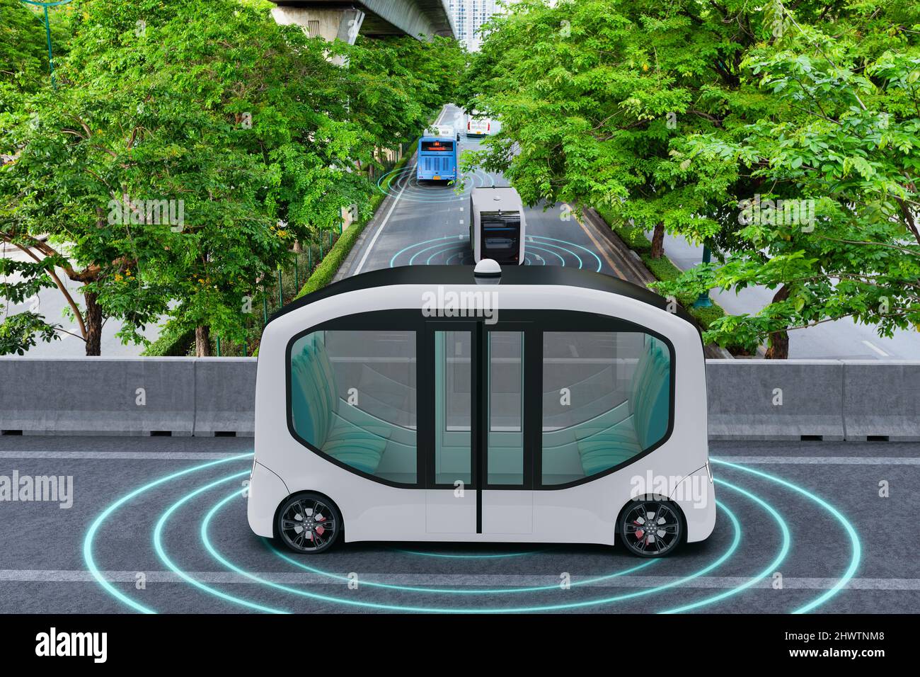 Autonomous electric shuttle bus self driving across city green road