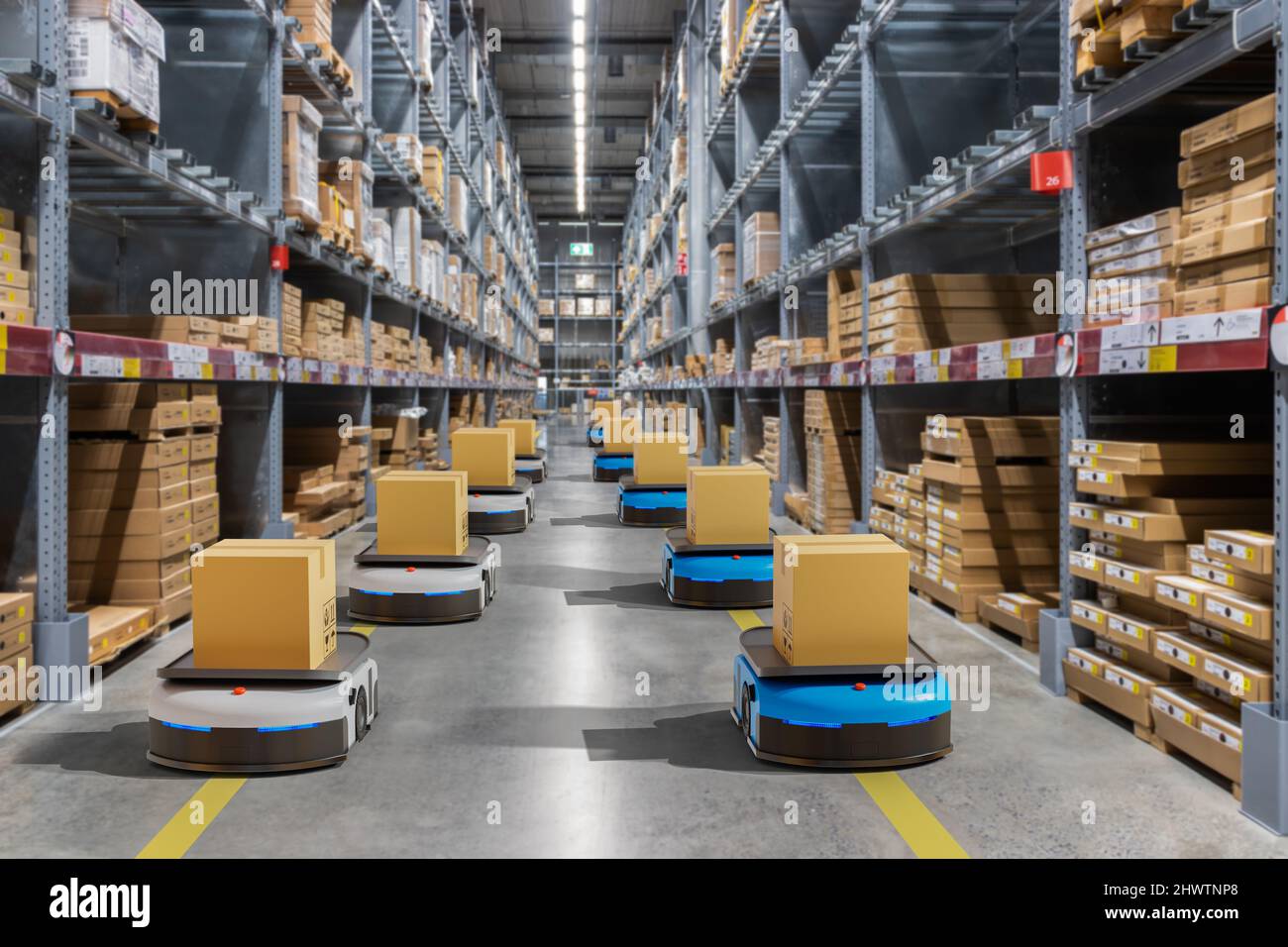 Autonomous robot delivery in warehouses with 5g wireless connection, Smart industry 4.0 concept Stock Photo