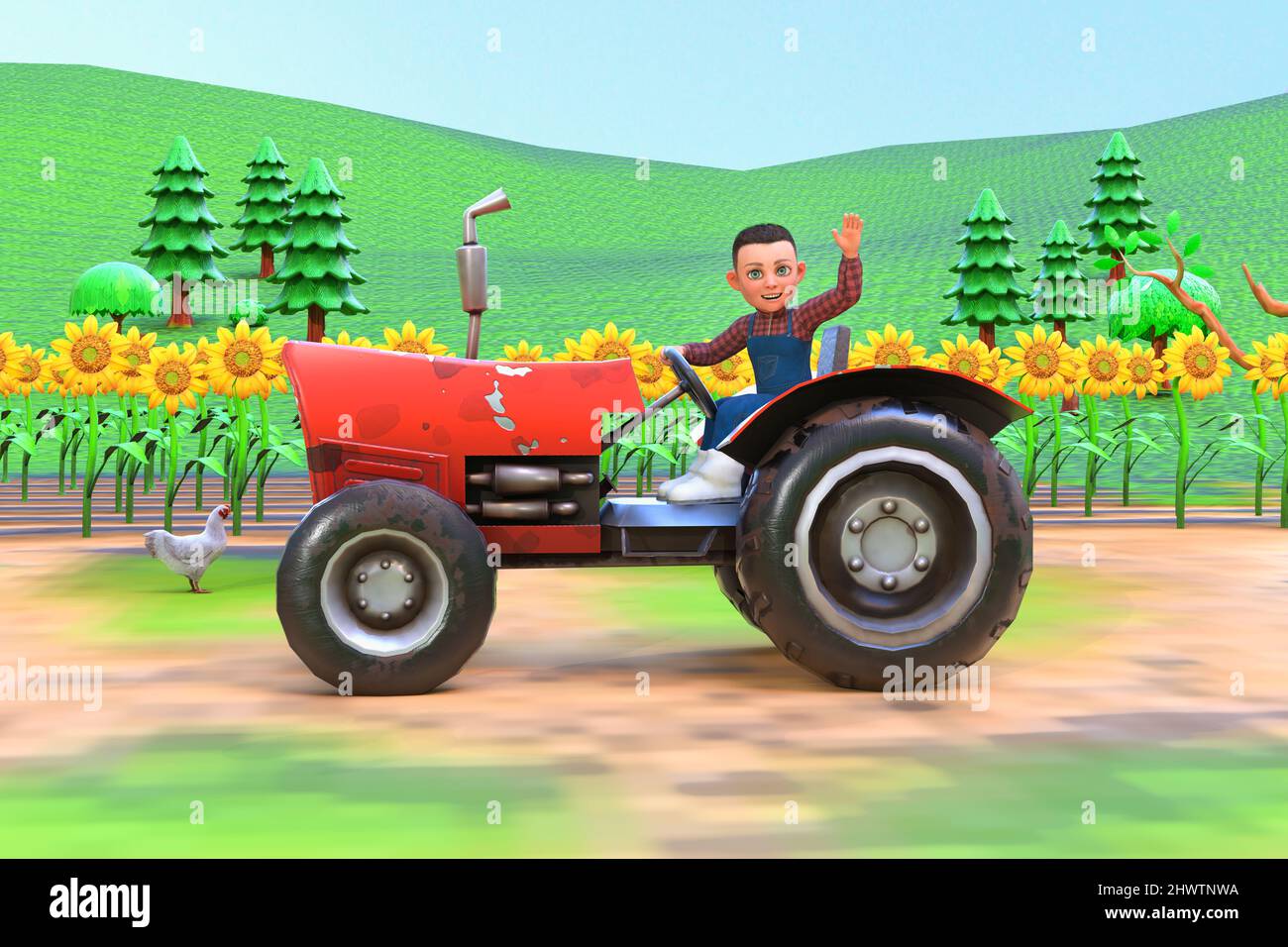 Farmer child rides a tractor across sunflower field, cartoon style 3d  rendering Stock Photo - Alamy