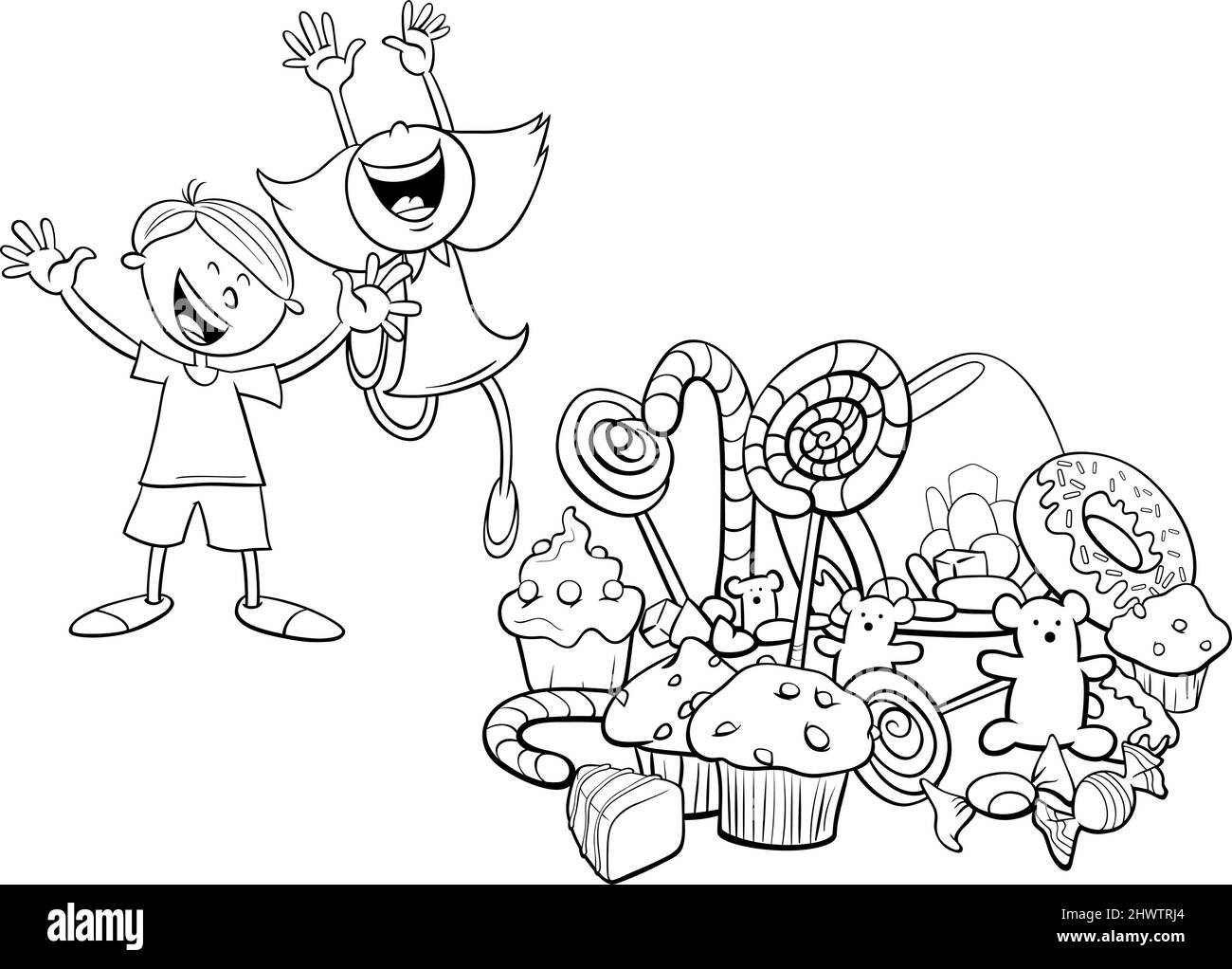 Black and white cartoon illustration of children characters and a pile of sweets coloring book page Stock Vector