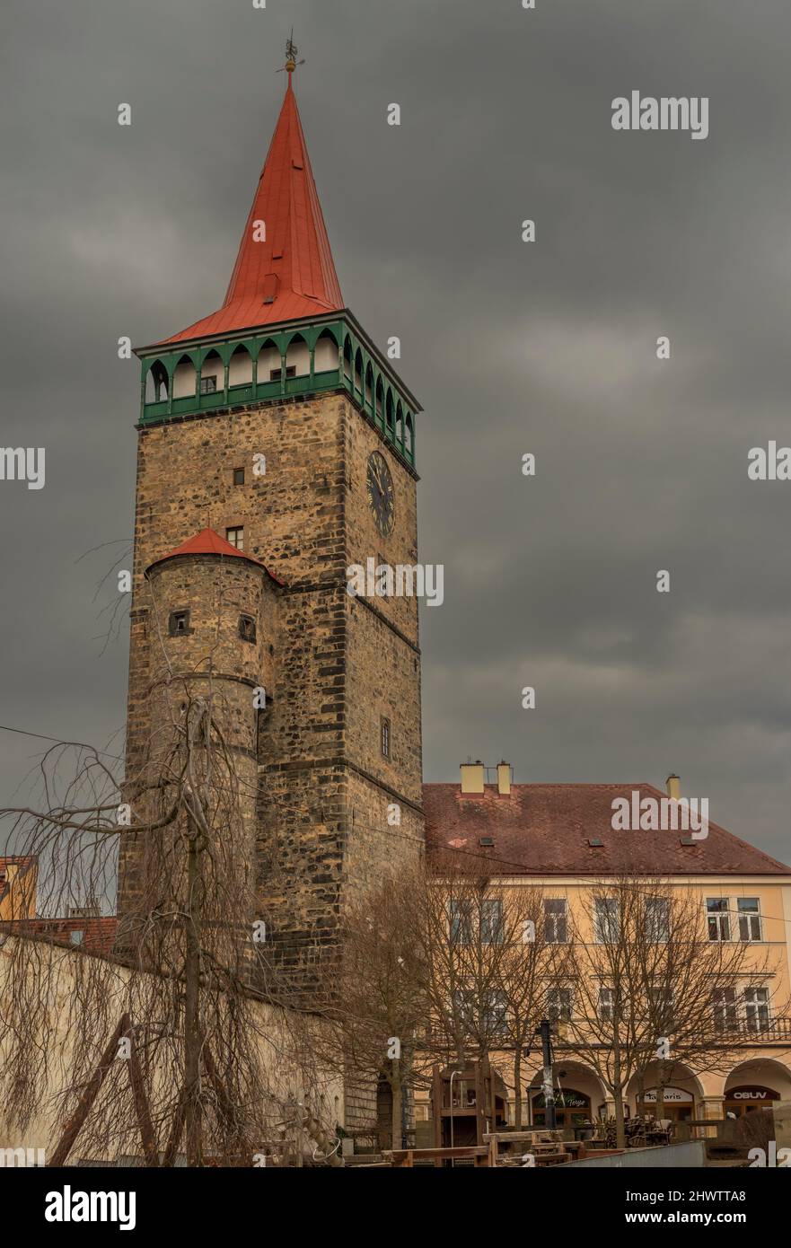 Jicin town after winter storm with color old buildings Stock Photo